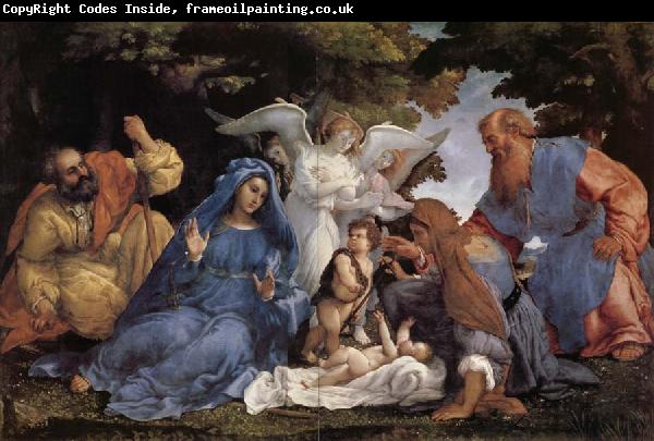 Lorenzo Lotto L'Adoration de l'Enfant Jesus avec la Vierge Marie et joseph,Elisabeth et Joachim et trois anges